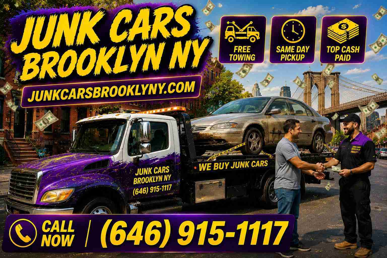 Junk Cars Brooklyn NY (646) 915-1117 flatbed tow truck loading a junk car in Bath Beach Brooklyn NY 11214 - we buy junk cars, trucks, SUVs and vans with free towing and same day pickup